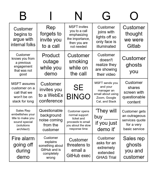 SE Call Bingo Card