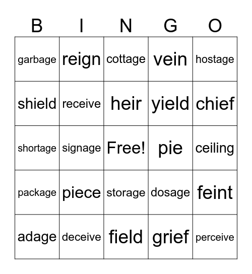 ie, ei, age Bingo Card