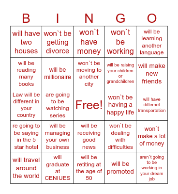 FUTURE SIMPLE AND CONTINUOUS Bingo Card