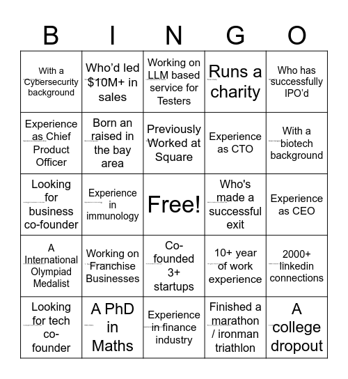 AI Entrepreneurs Mixer Bingo Card