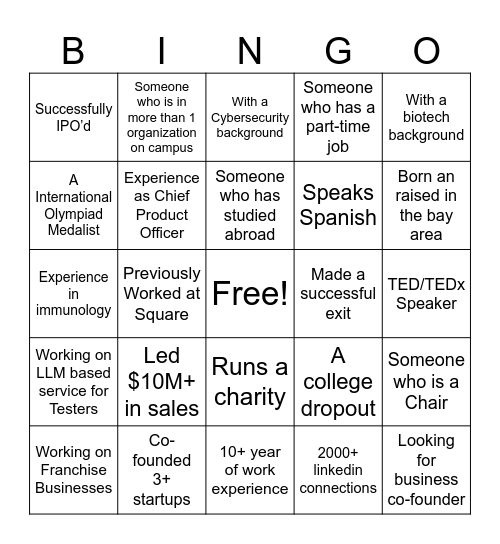 AI Entrepreneurs Mixer Bingo Card