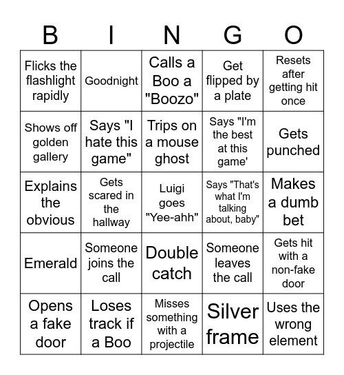 Brayden Plays Luigi's Mansion Bingo Card