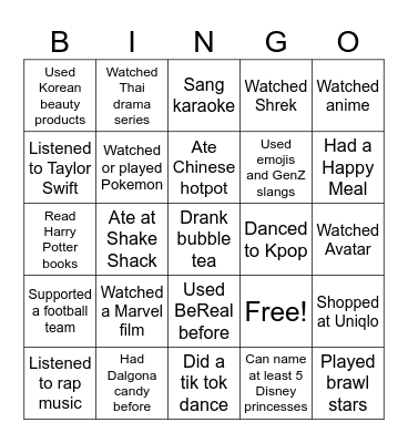 Popular Culture Bingo Card