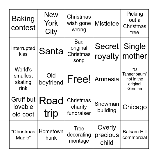 Hallmark Christmas Movie Bingo Card