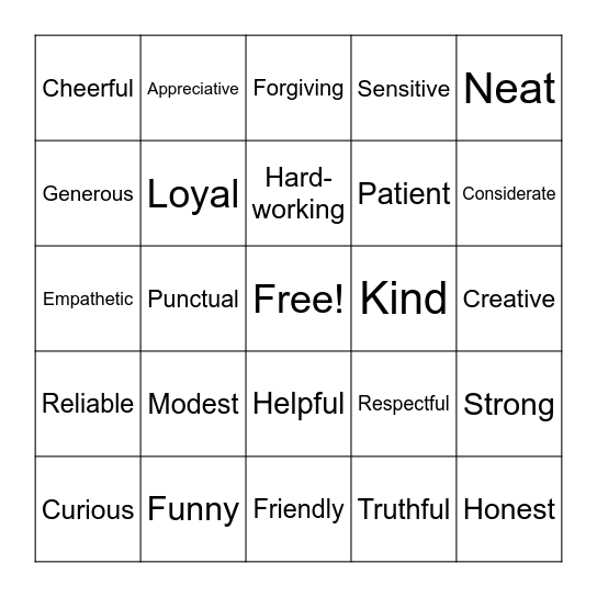 Personal Qualities Bingo Card