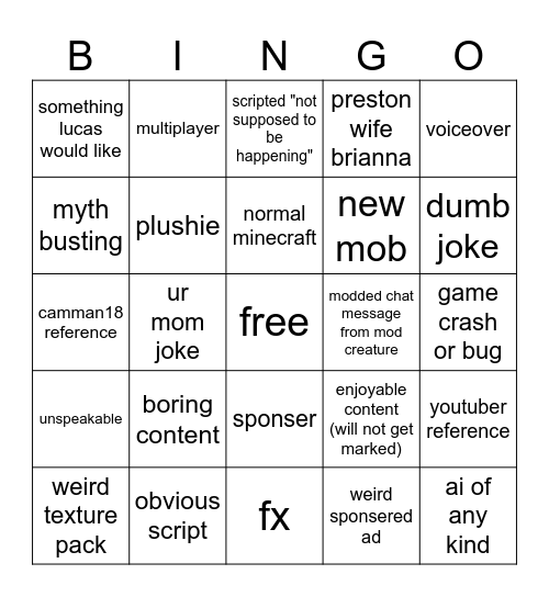 prestonplayz bingo! Bingo Card