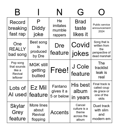 New Em Album Bingo (TDOSS) Bingo Card