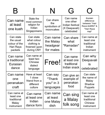 Multicultural Singapore Bingo Card