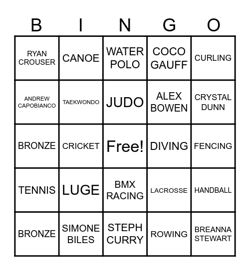 Olympic Bingo Card