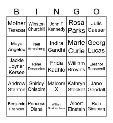 Famous People Bingo Card