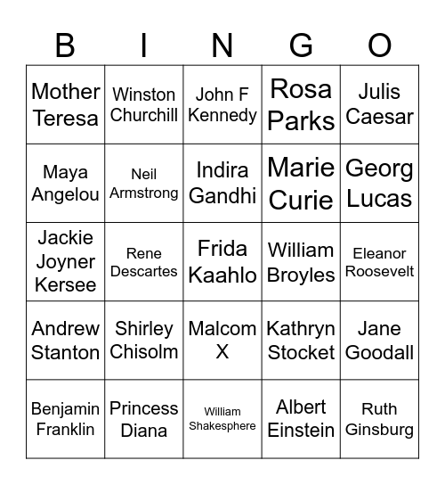 Famous People Bingo Card