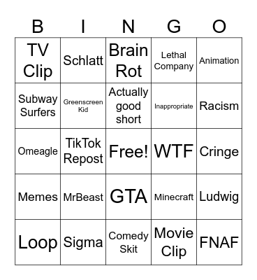YT shorts bingo Card