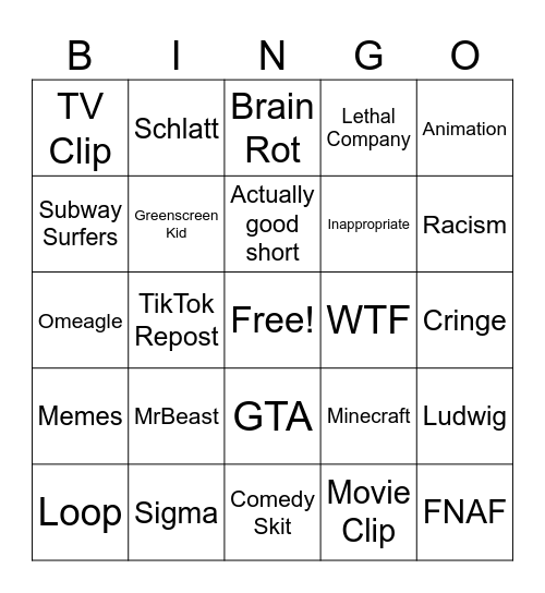 YT shorts bingo Card