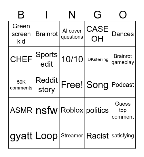 YT shorts Bingo Card