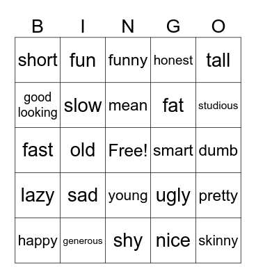 Adjective Bingo Card