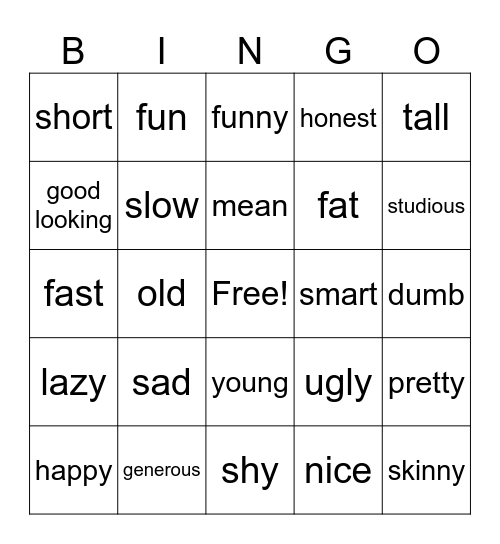 Adjective Bingo Card