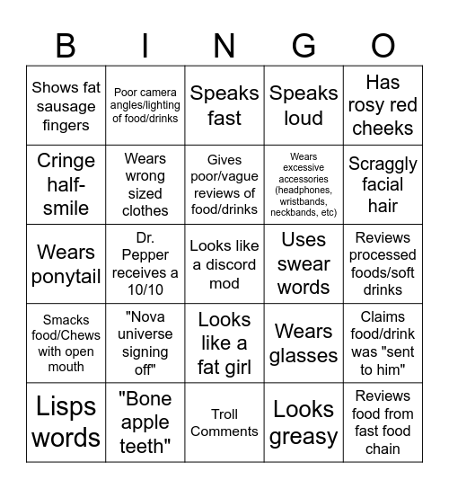 Nova Food Reviews Bingo Card