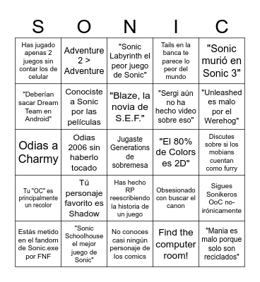 Fan de Sonic por moda Bingo Card