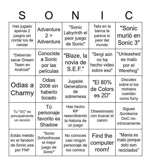 Fan de Sonic por moda Bingo Card