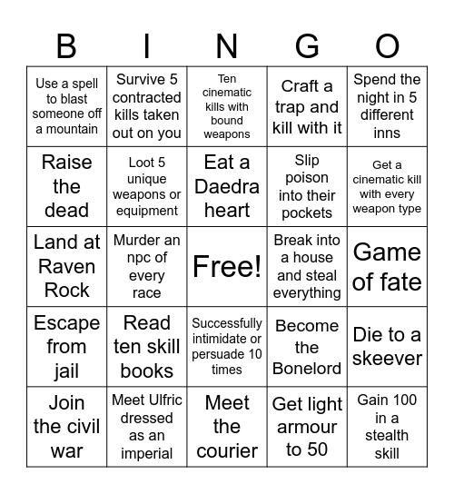 Skyrim Bingo Card