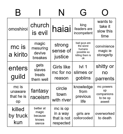 Isekai Bingo Card