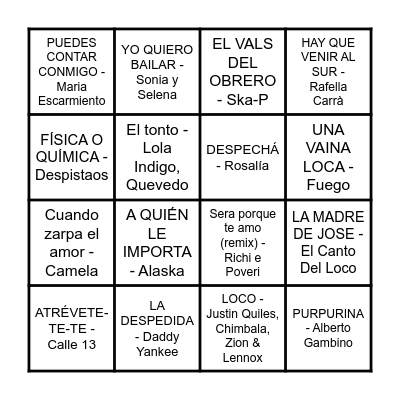 BINGO  MUSICAL Bingo Card