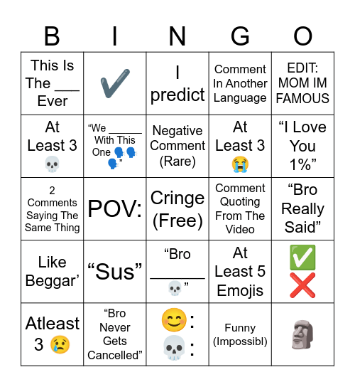 YouTube Shorts Bingo Card