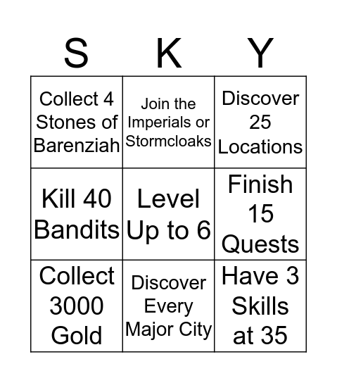 Skryim Bingo Card