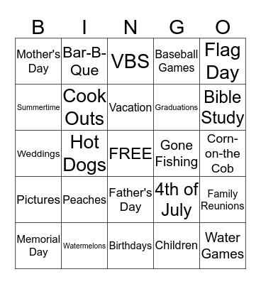 Fun in the Summertime Bingo Card