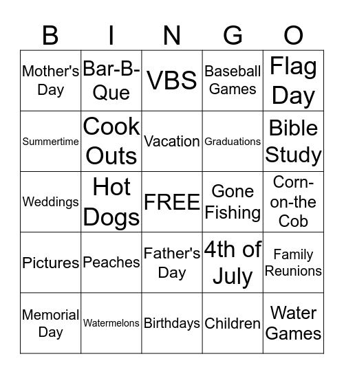 Fun in the Summertime Bingo Card