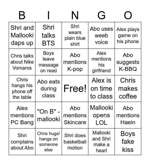 Boys in Korea Bingo Card