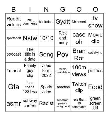 YouTube shorts Bingo Card
