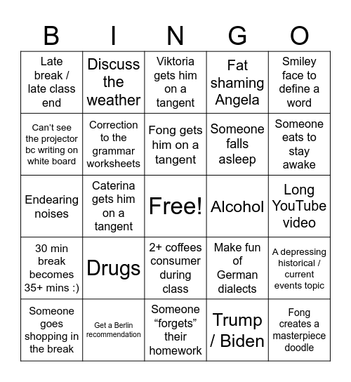 Deutsch Unterricht Bingo Card