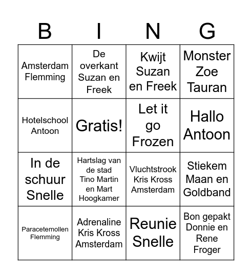 Huis de B muziek bingo Card