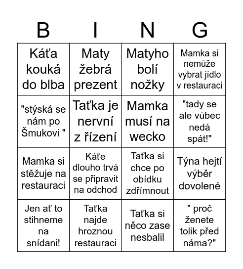 Dovolená Bingo Card