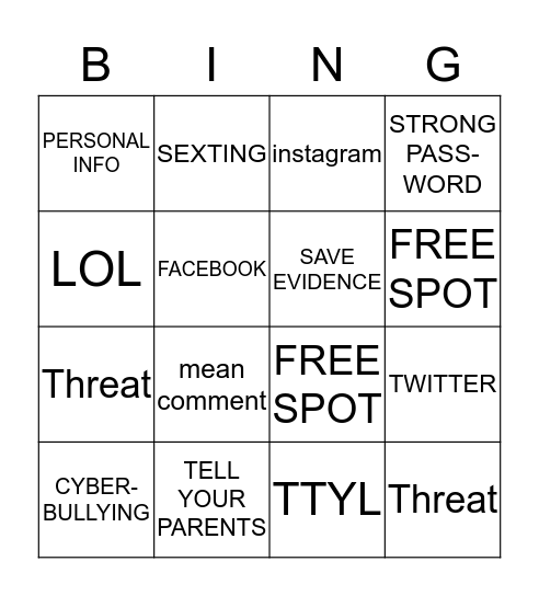 CyberBully Bingo Card