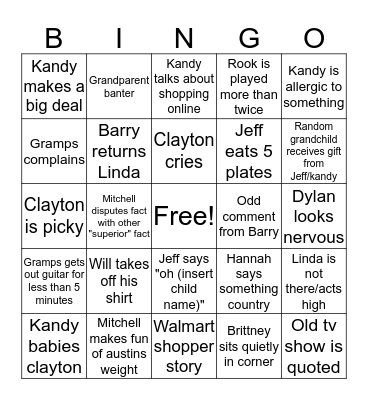 Jones Family Bingo Card