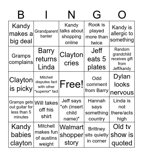 Jones Family Bingo Card