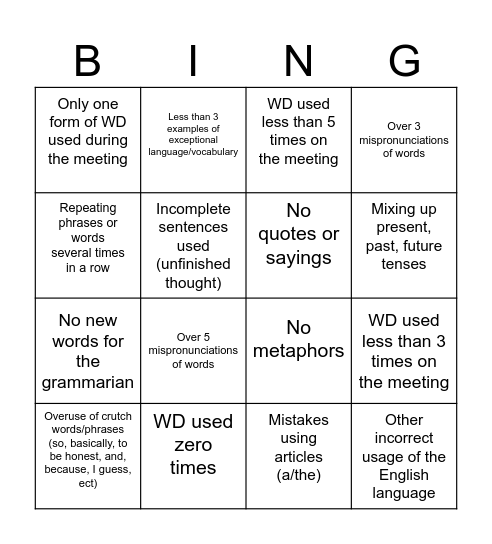 Don't let the Grammarian win! Bingo Card