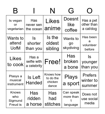 Getting to Know You Bingo Card