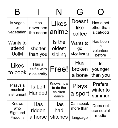 Getting to Know You Bingo Card