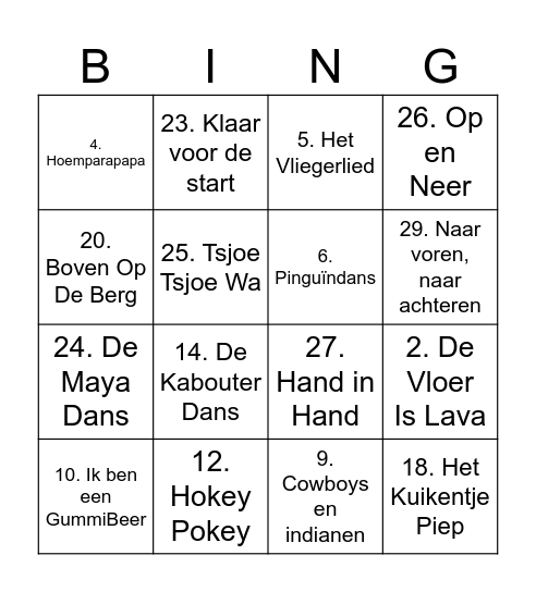 Muziekbingo groep 3 Bingo Card