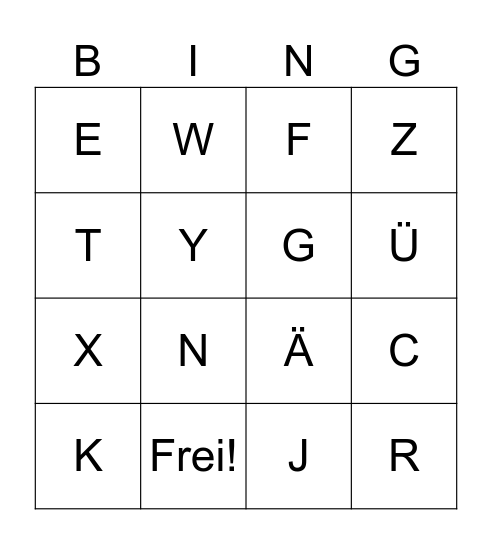 Das Deutsche Alphabet Bingo Card