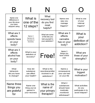PTX Recovery Bingo Card