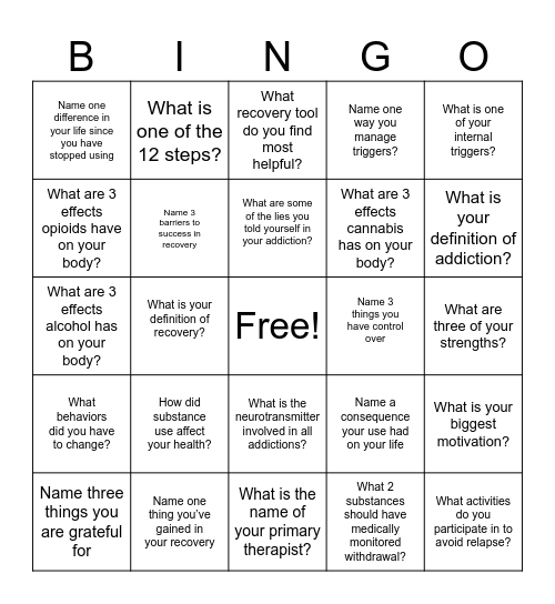 PTX Recovery Bingo Card