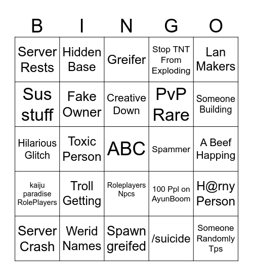 Normal Creative Server Experience Bingo Card