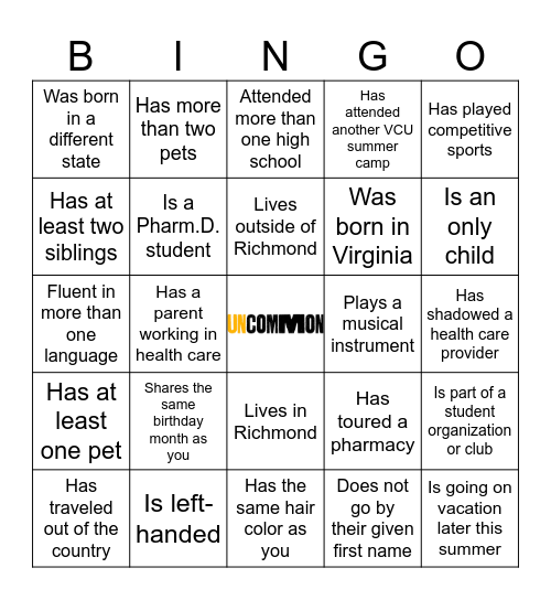 Pharmacy Summer Scholars Bingo Card