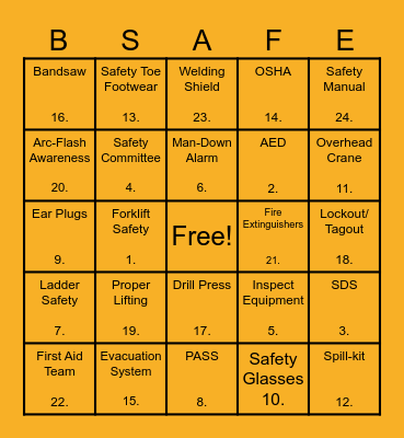 JulyFest - Safety Bingo Card