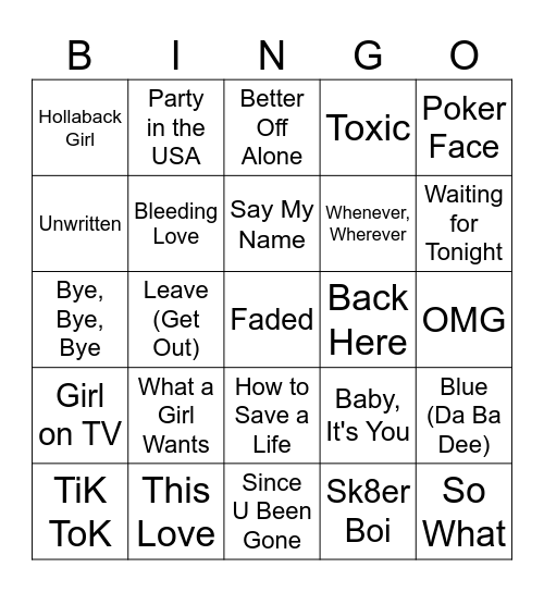 2000'S POP Bingo Card
