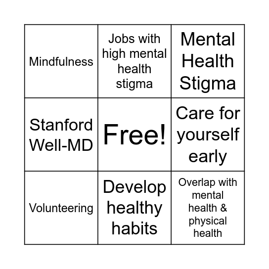 Mental Health Minute Bingo Card